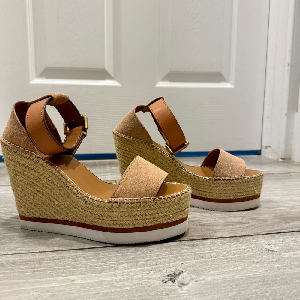 See By Chloé Glyn Leather Espadrille Platform Wedge Ankle Strap Sandals